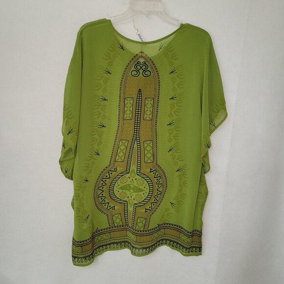 Monoreno Top Womens L Green Sheer Navajo‎ Print Tunic Cover Up Angel Sleeve New - Picture 5 of 11